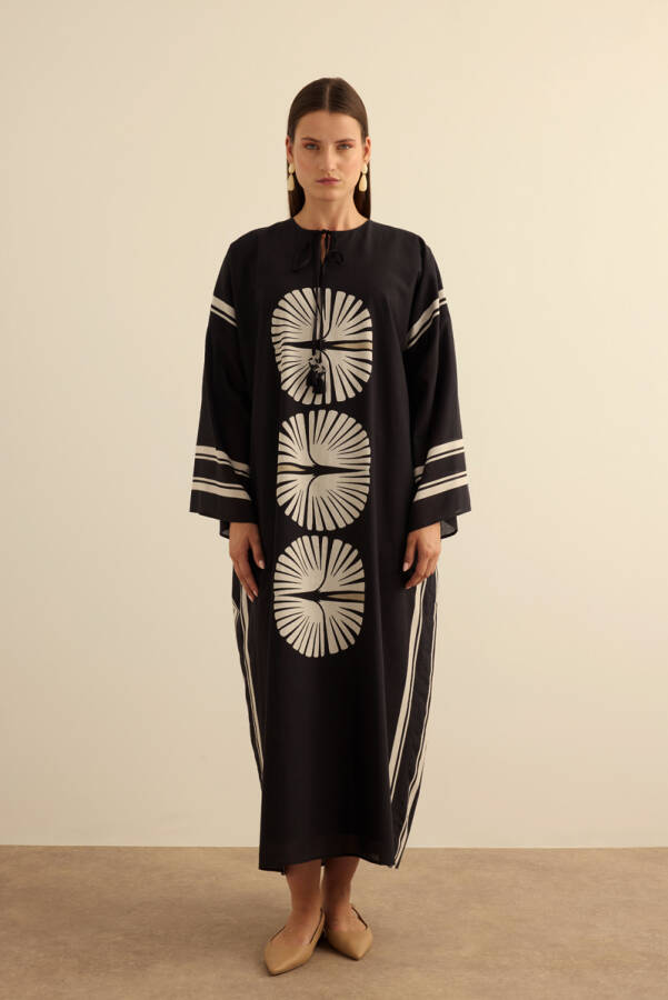 Siyah Geometrik Desenli Cotton Yaz Serinliği Kimono - 4