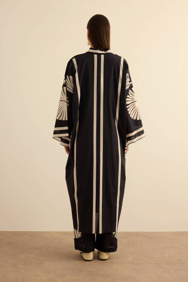 Siyah Geometrik Desenli Cotton Yaz Serinliği Kimono - 6