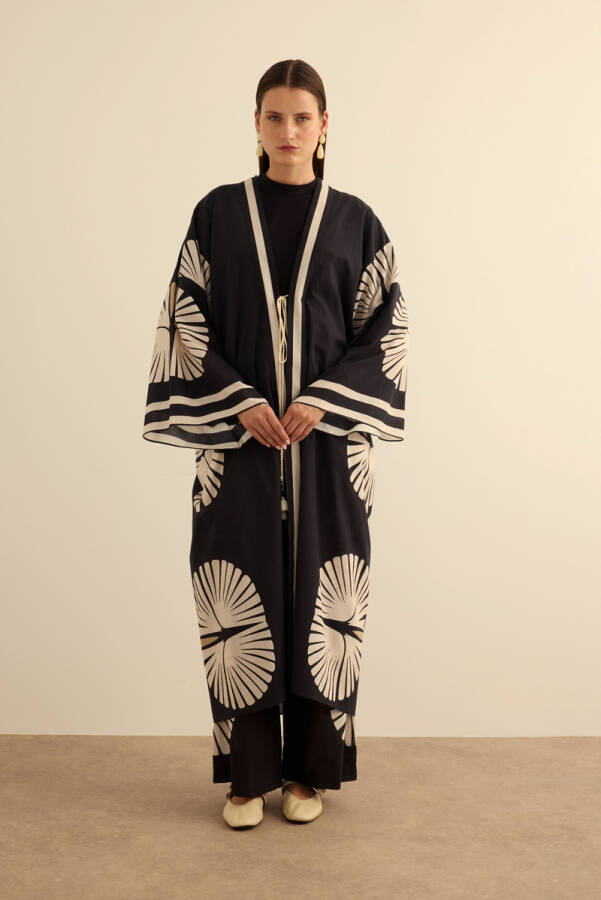 Siyah Geometrik Desenli Cotton Yaz Serinliği Kimono - Aker (1)