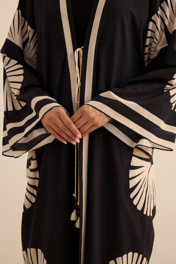 Siyah Geometrik Desenli Cotton Yaz Serinliği Kimono - 5