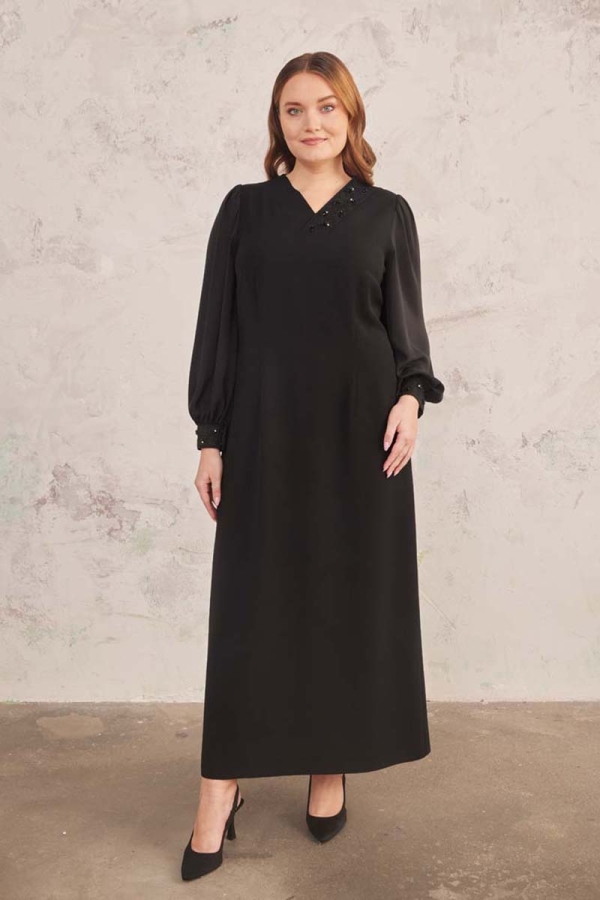 Siyah Güpür Detaylı Elbise - 1
