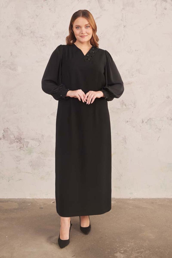 Siyah Güpür Detaylı Elbise - 6