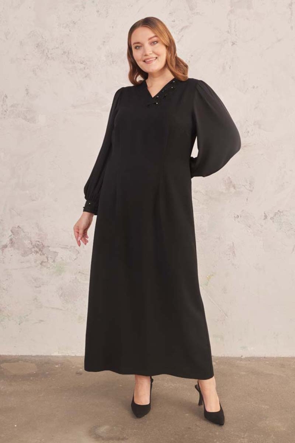 Siyah Güpür Detaylı Elbise - 3