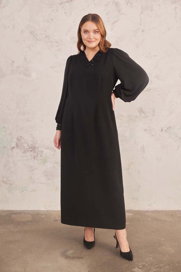 Siyah Güpür Detaylı Elbise - 5