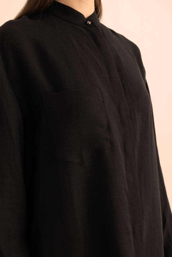 Siyah Hakim Yaka Keten Bluz - 3