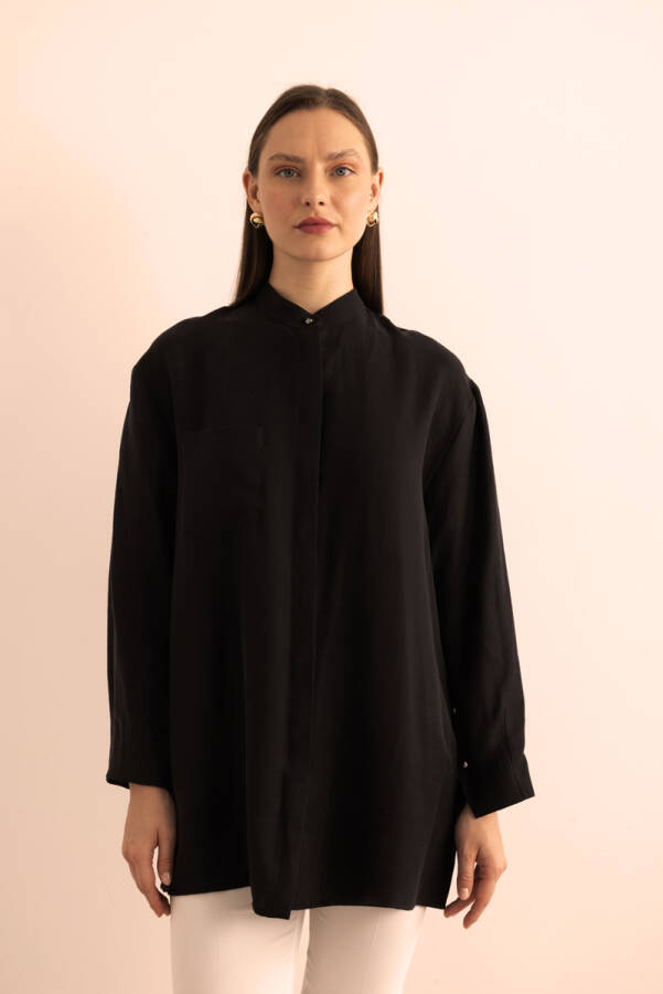 Siyah Hakim Yaka Keten Bluz - 4