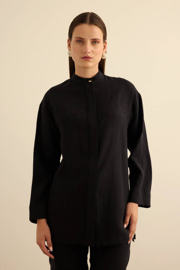 Siyah Hakim Yaka Keten Gömlek - 3