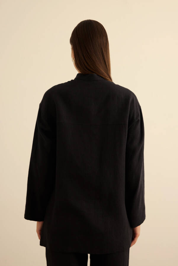 Siyah Hakim Yaka Keten Gömlek - 6