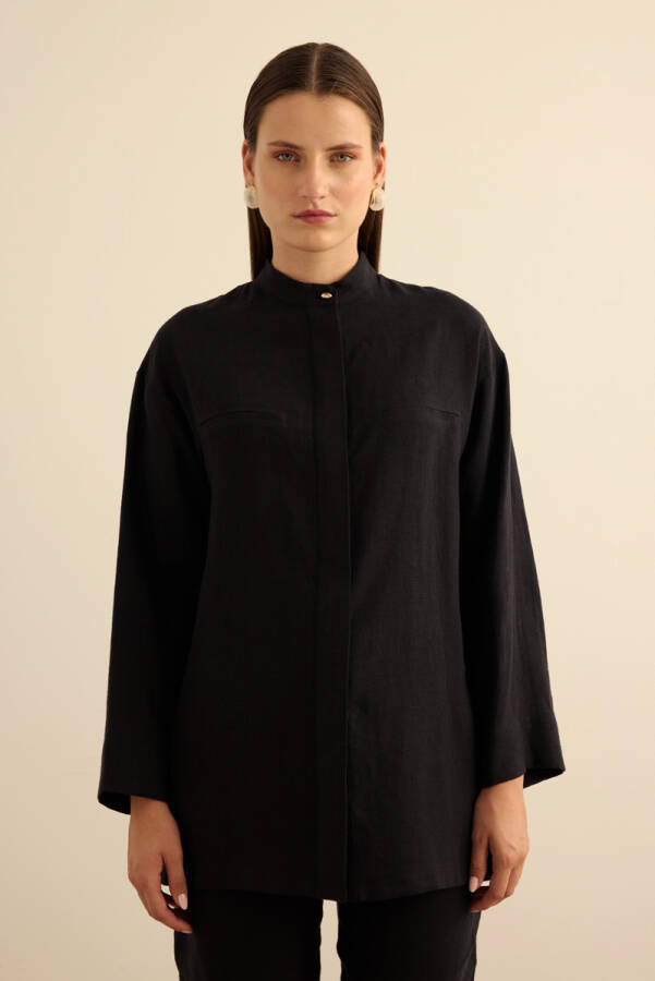 Siyah Hakim Yaka Keten Gömlek - Aker