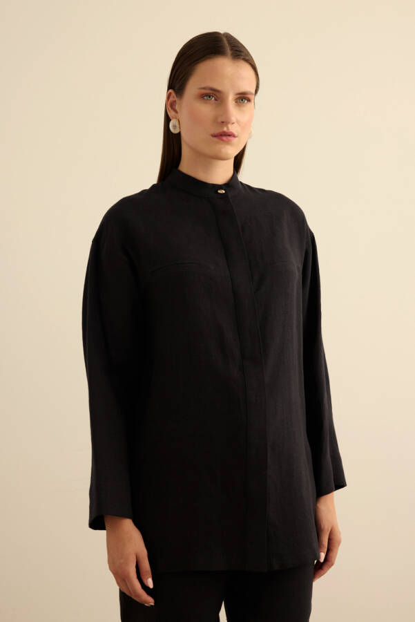 Siyah Hakim Yaka Keten Gömlek - Aker (1)