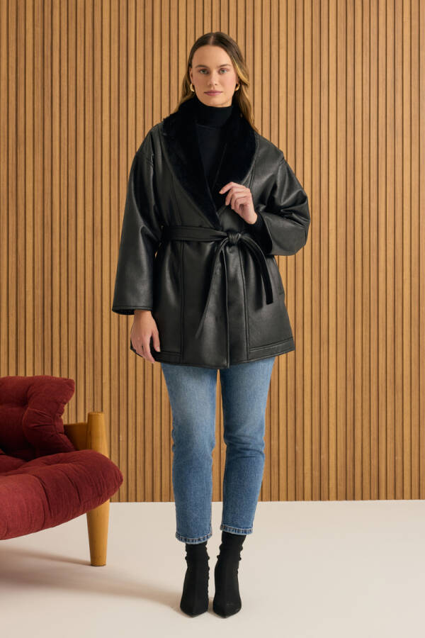 Siyah İçi Kürk, Suni Deri Şal Yaka Kaban - Aker