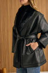Siyah İçi Kürk, Suni Deri Şal Yaka Kaban - 5