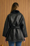 Siyah İçi Kürk, Suni Deri Şal Yaka Kaban - 6