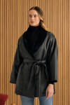 Siyah İçi Kürk, Suni Deri Şal Yaka Kaban - 3