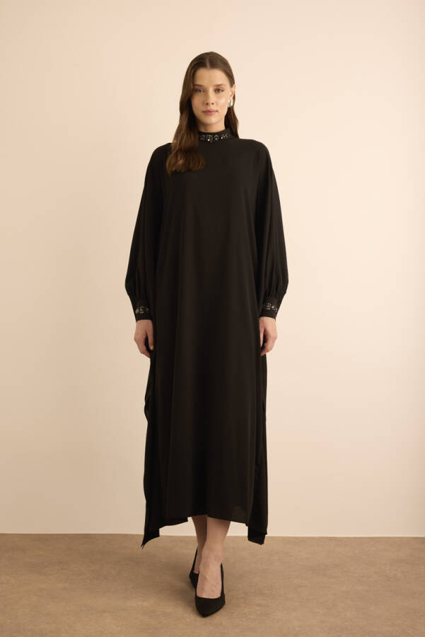 Siyah İşleme Detaylı Dokuma Elbise - 3