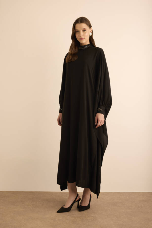 Siyah İşleme Detaylı Dokuma Elbise - Aker