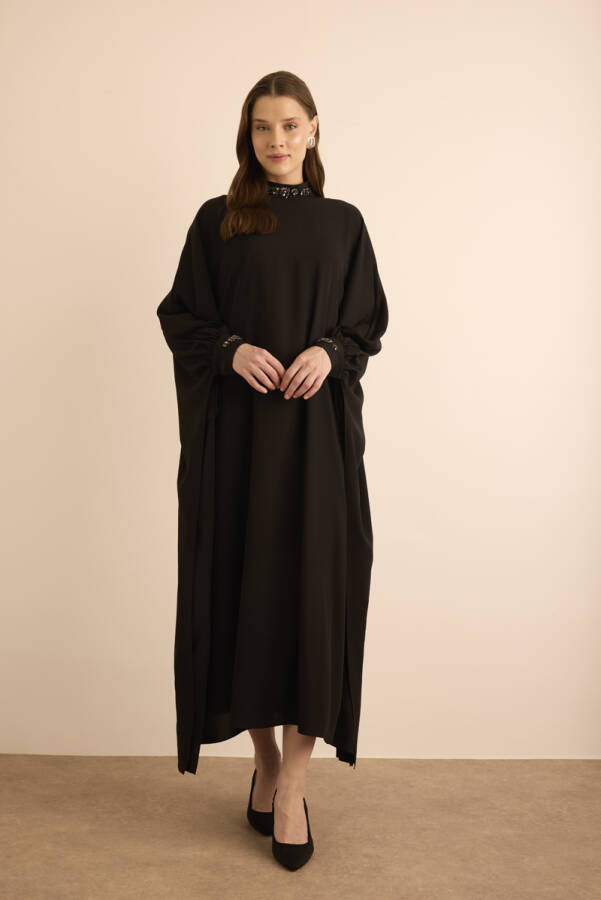 Siyah İşleme Detaylı Dokuma Elbise - 4