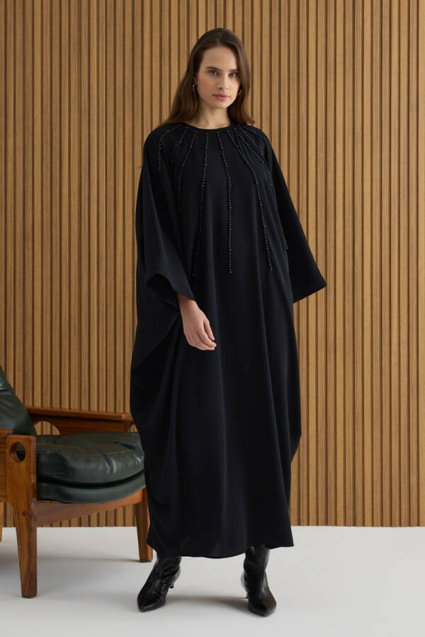 Siyah İşleme Detaylı Yarasa Kol Elbise - 1