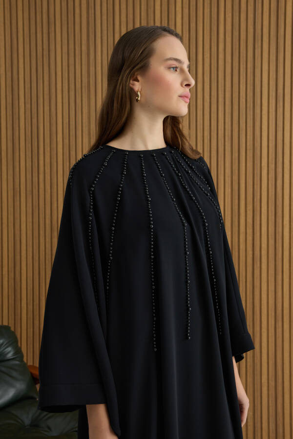 Siyah İşleme Detaylı Yarasa Kol Elbise - 5