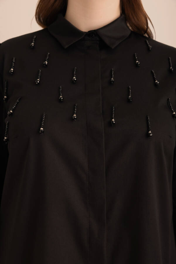 Siyah İşlemeli Cotton Gömlek - 3