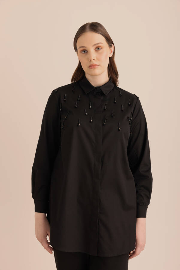 Siyah İşlemeli Cotton Gömlek - 4
