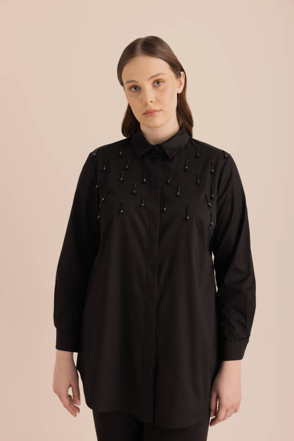 Siyah İşlemeli Cotton Gömlek - 5