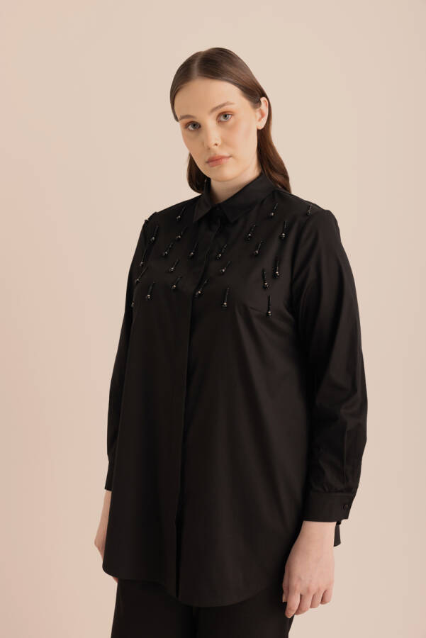Siyah İşlemeli Cotton Gömlek - Aker