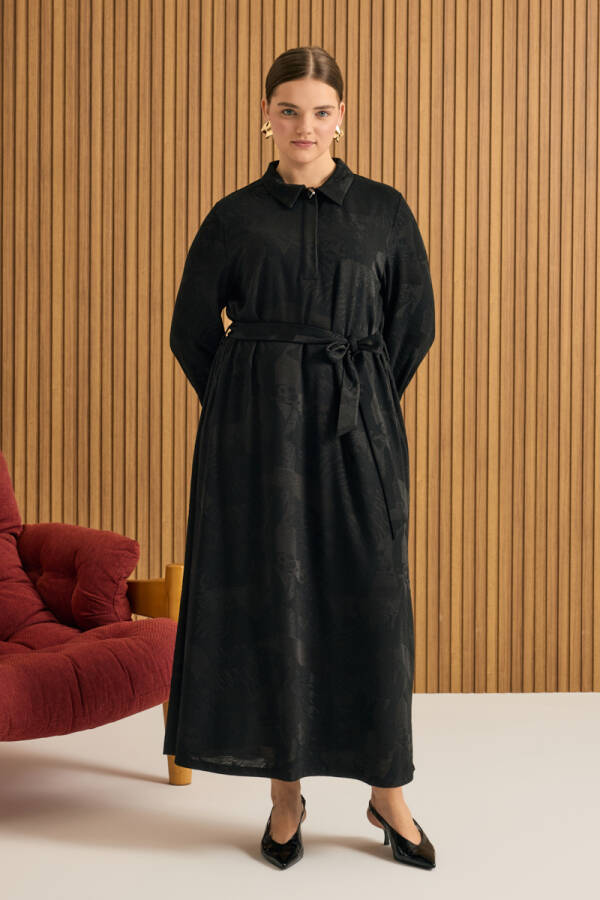 Siyah Jakarlı Örme Elbise - 4