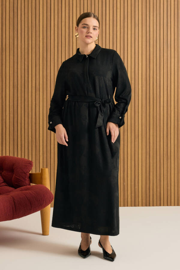 Siyah Jakarlı Örme Elbise - 1