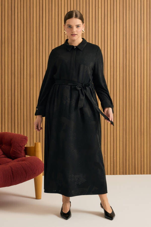 Siyah Jakarlı Örme Elbise - 2