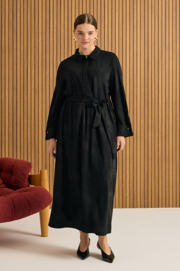 Siyah Jakarlı Örme Elbise - 3