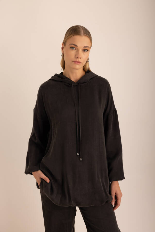 Siyah Kapuşonlu Balon Sweatshirt - Aker