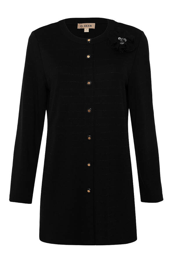 Siyah Kendinden Çizgili Kumaş Örme Hırka - Aker