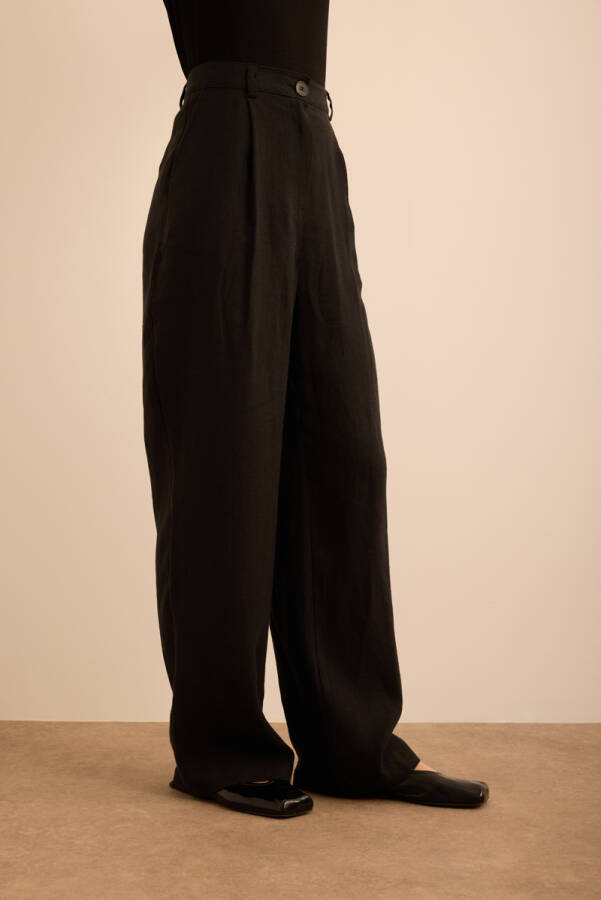 Siyah Keten Pantolon - 3