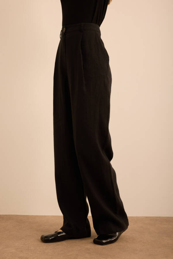 Siyah Keten Pantolon - 4
