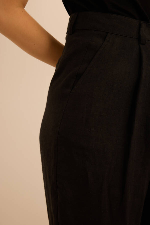 Siyah Keten Pantolon - 5