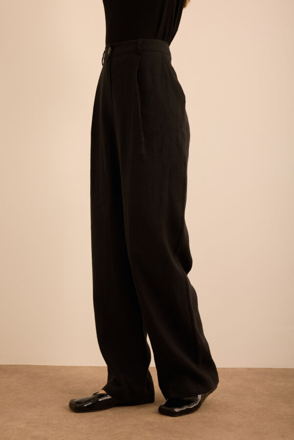 Siyah Keten Pantolon - 4