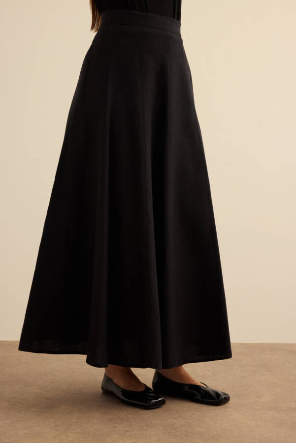 Siyah Kloş Yırtmaçllı Keten Etek - 3