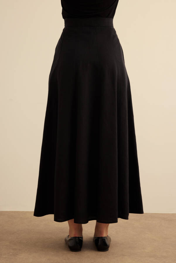 Siyah Kloş Yırtmaçllı Keten Etek - 6