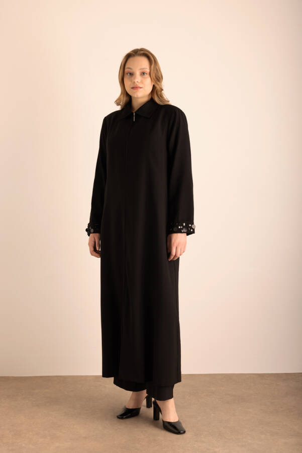 Siyah Kolları İşleme Detaylı Pardösü - 5