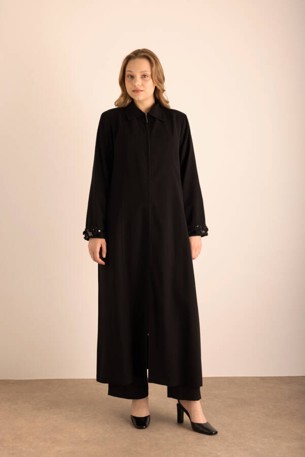 Siyah Kolları İşleme Detaylı Pardösü - 6