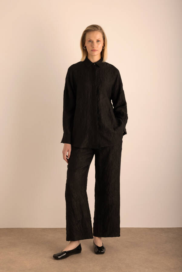 Siyah Kraş Efektli Keten Pantolon - Aker