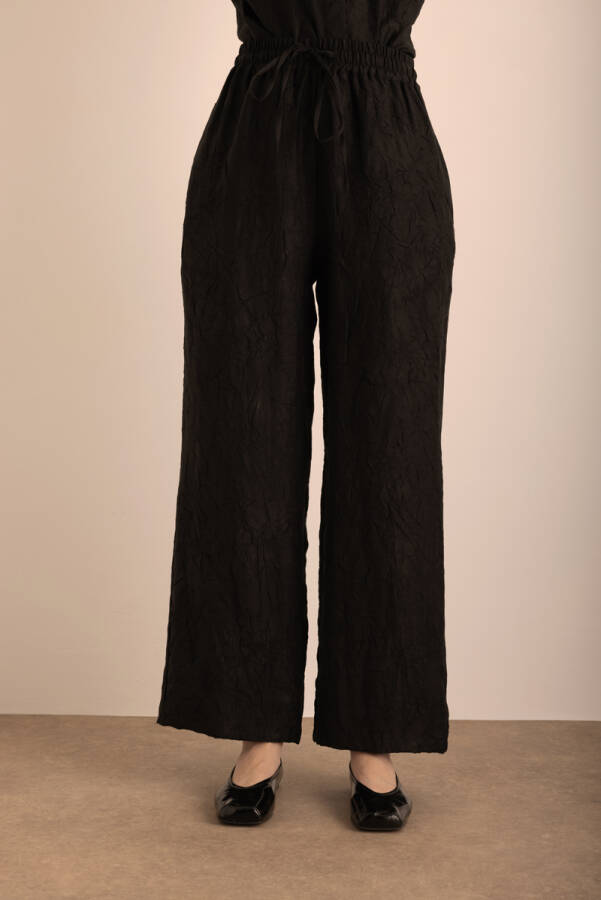 Siyah Kraş Efektli Keten Pantolon - 3