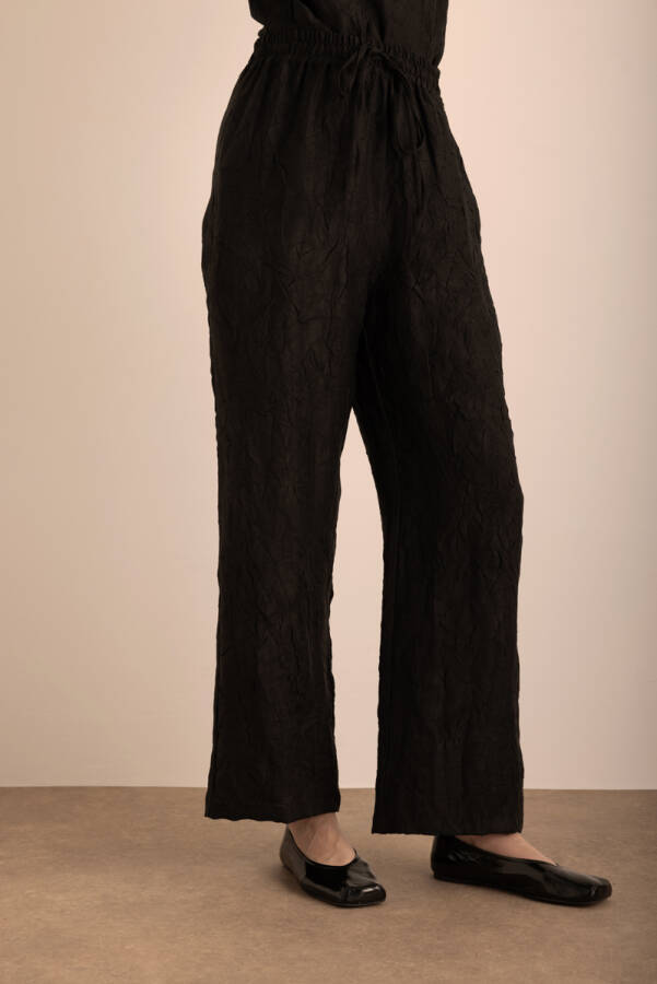 Siyah Kraş Efektli Keten Pantolon - 6