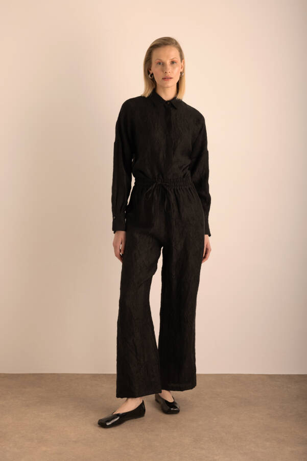 Siyah Kraş Efektli Keten Pantolon - Aker (1)