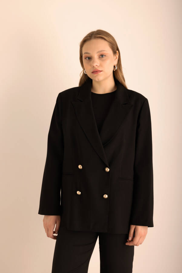 Siyah Kruvaze Dokuma Ceket - 3