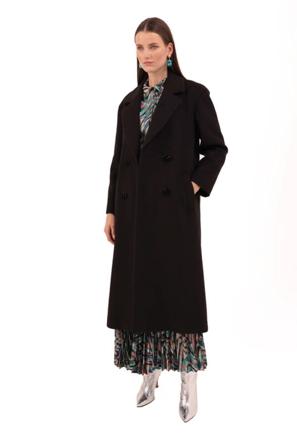 Siyah Kruvaze Kapama Kaşe Kaban - 1