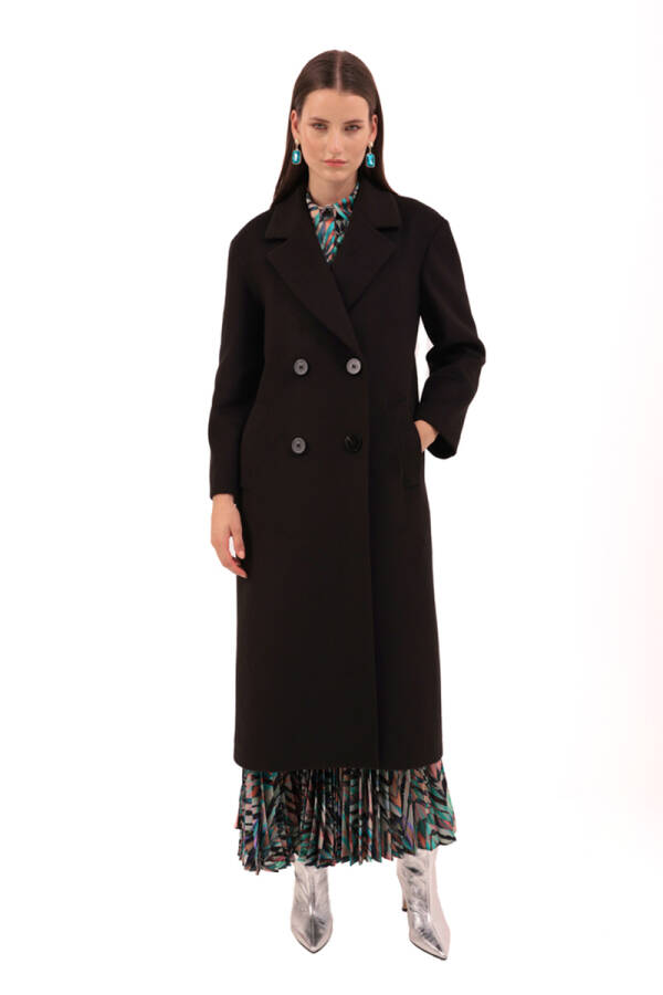 Siyah Kruvaze Kapama Kaşe Kaban - 2