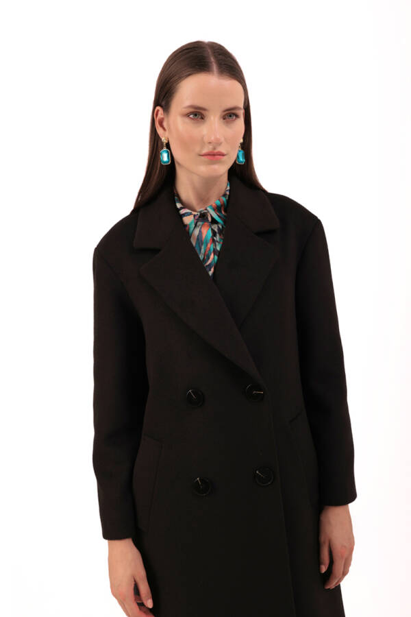 Siyah Kruvaze Kapama Kaşe Kaban - 4