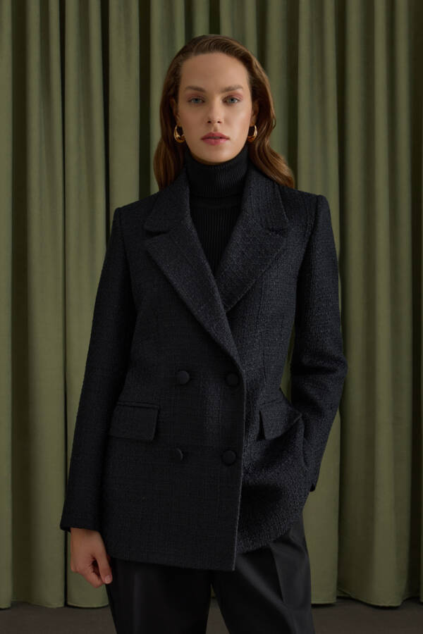 Siyah Kruvaze Kapama Tweed Kumaş Ceket - Aker